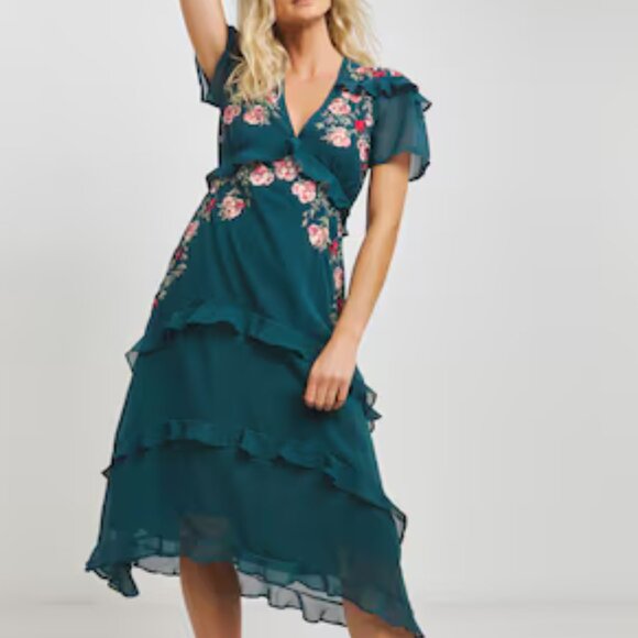 Hope & Ivy Embroidered Beaded Flutter Ruffle Green Dress Flowers Short Sleeves - Picture 1 of 9